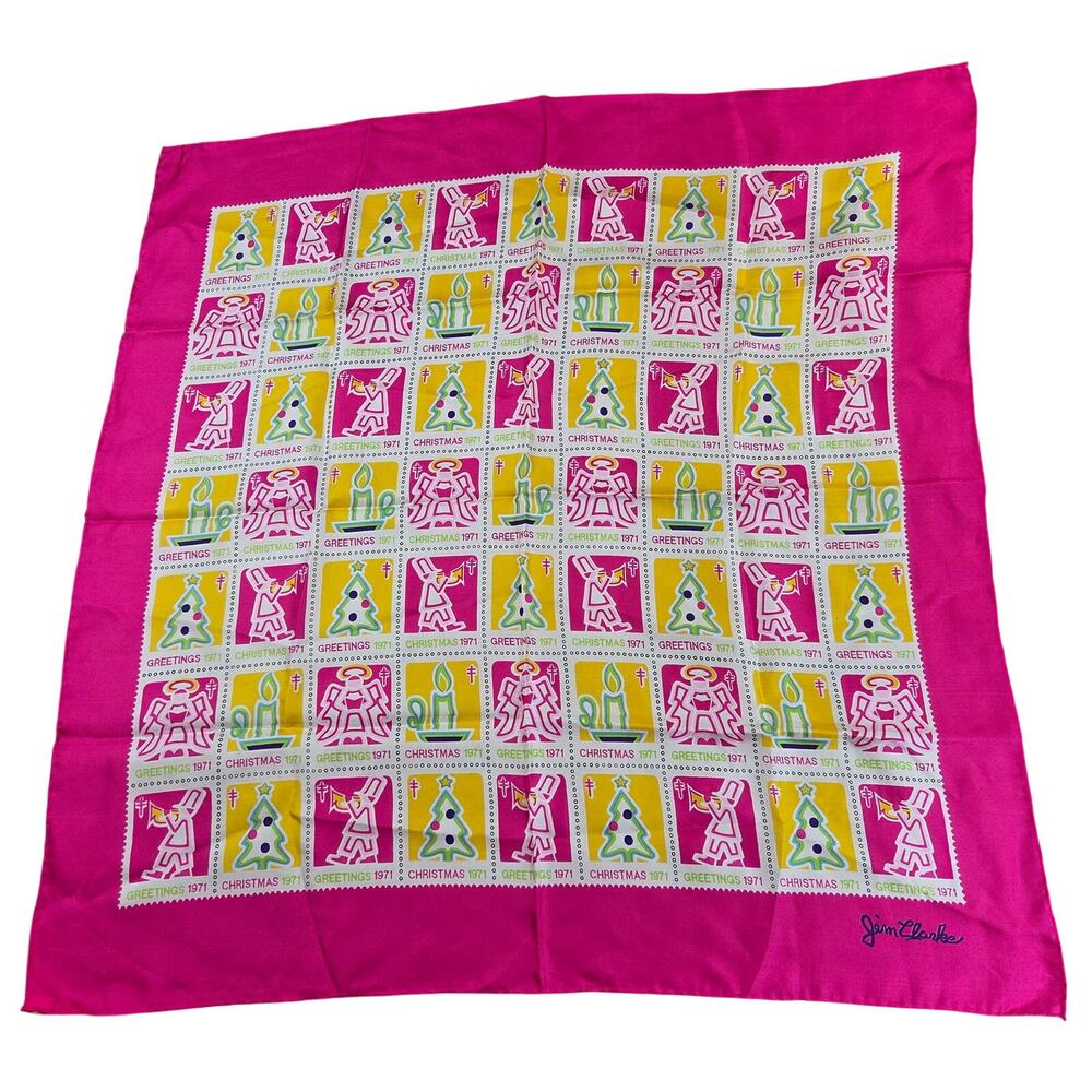 Vintage Glentex Jim Clarke 1971 Christmas Stamp Silk Scarf Hand Rolled Japan